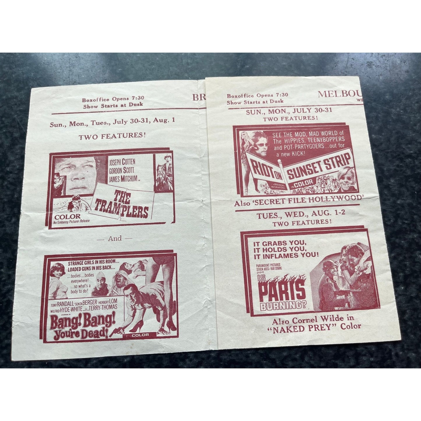 Vtg July 30 1967's Melbourne & Brevard Drive In Movie Theater Florida Advertisement Shane The Reluctant Astronaut The Swinger c