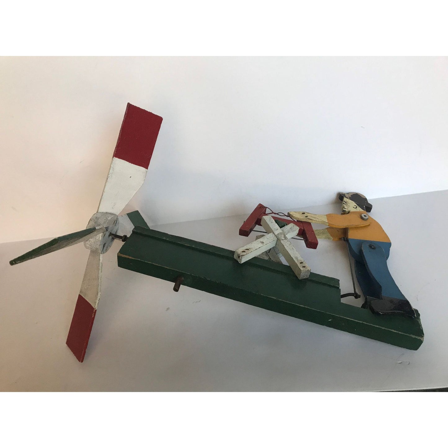 Vintage Folk Art WHIRLIGIG Primitive Painted Wood & Metal Old Man Sawing 4 Propellers