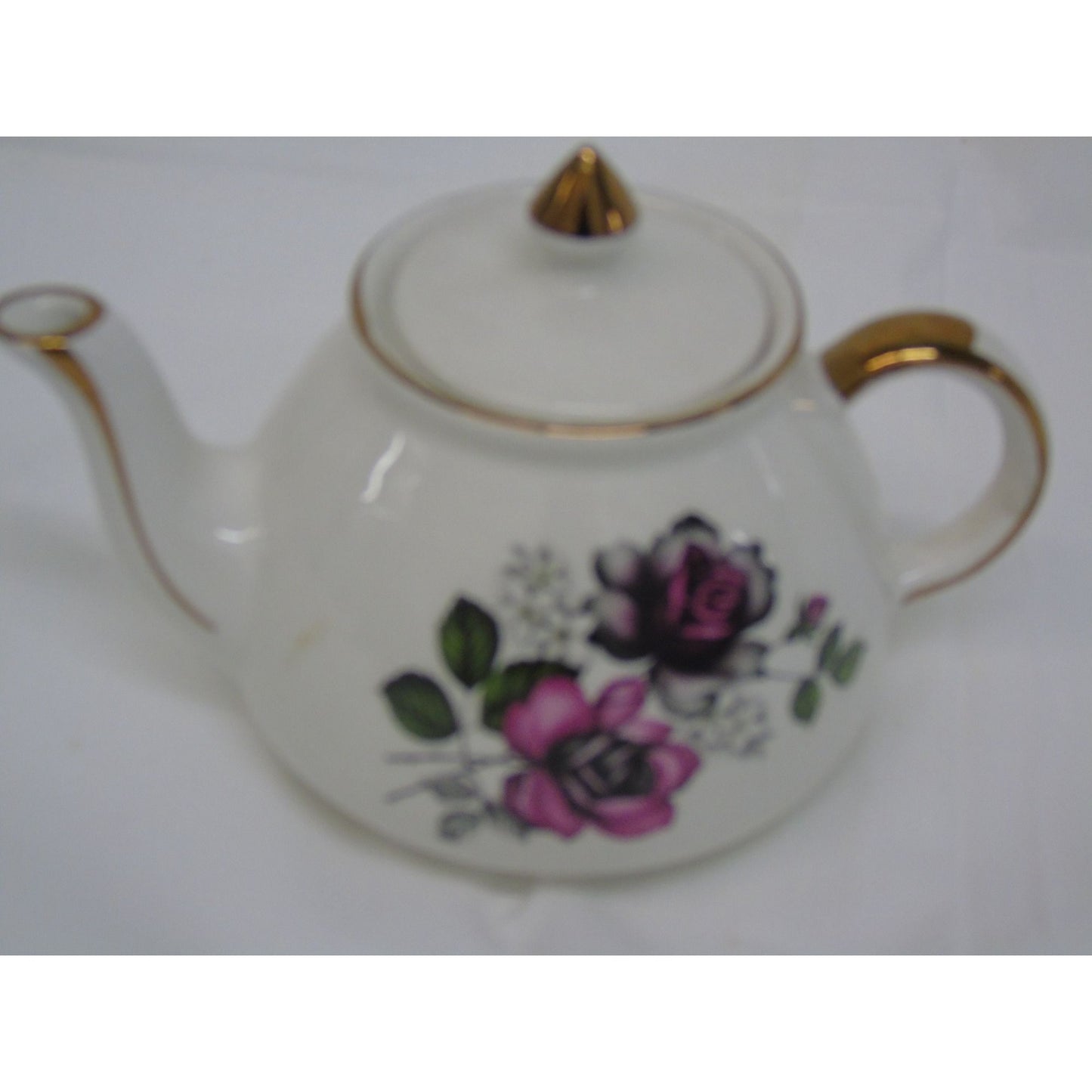 Vintage Gibsons Teapot Staffordshire England White with Gold Trim Pink & Black Roses White Flowers