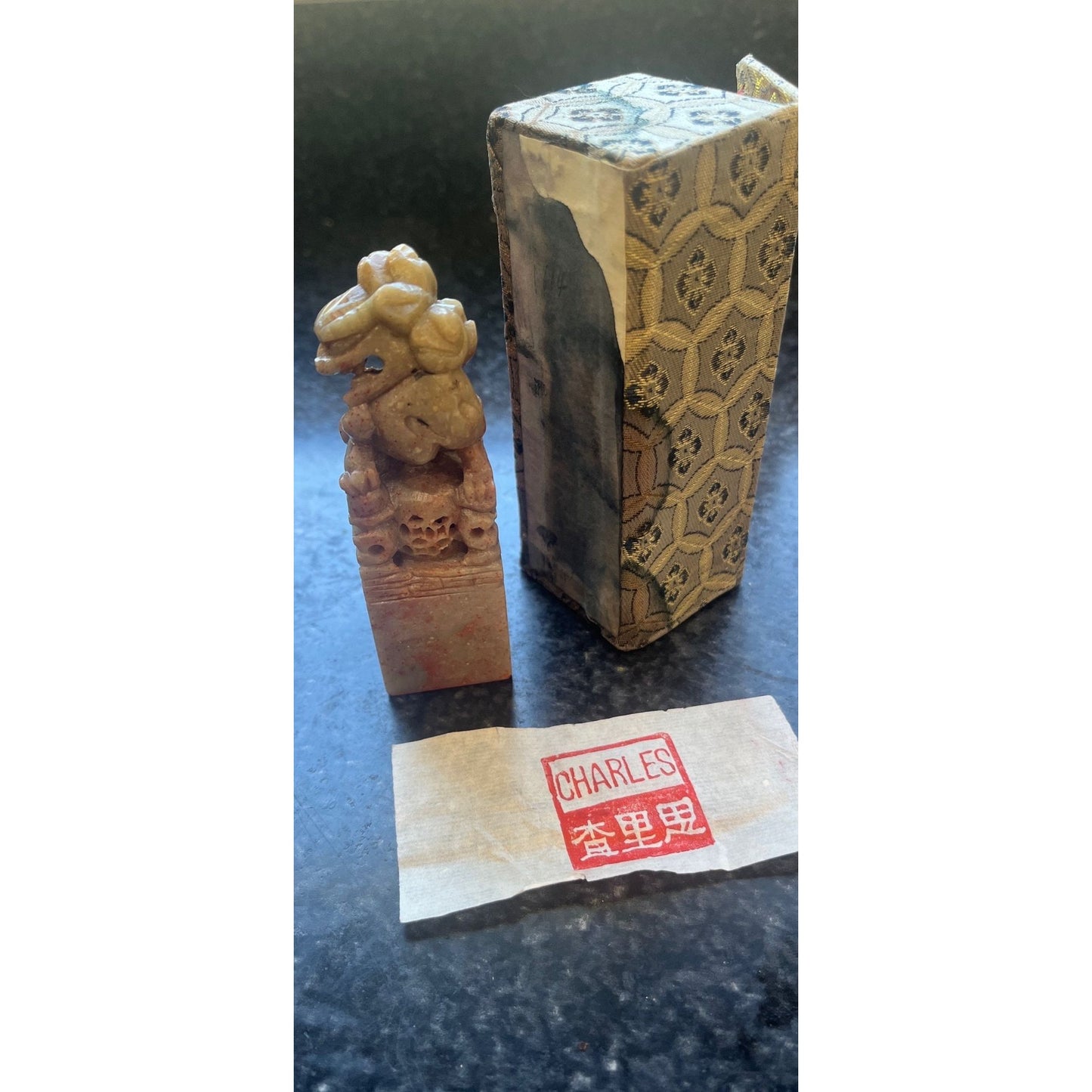 Vintage Chinese Foo Dog Seal Chop Stamp "CHARLES" Square Hand Carved Rose Gray Marbled Soapstone Sculpture In Original Box