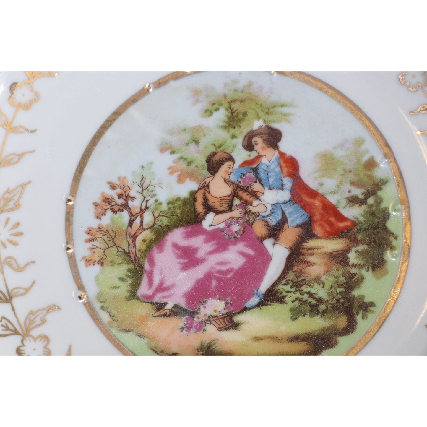 Vtg Lefton China 4024 Saucer Dish Victorian Scene Gold Rim Turquoise 3.5″