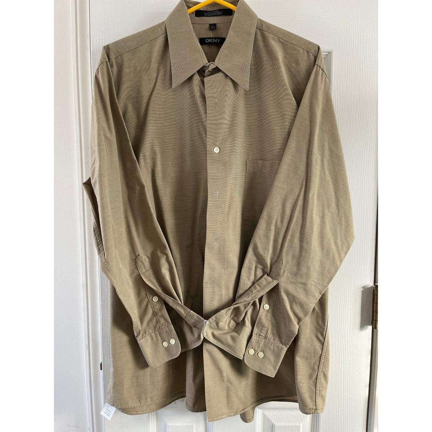 Vtg DKNY Men's Dress Shirt in Tan 16 1/2" 32-33 Sleeve Made In Guatemala Of Imported Fabric 100% Cotton