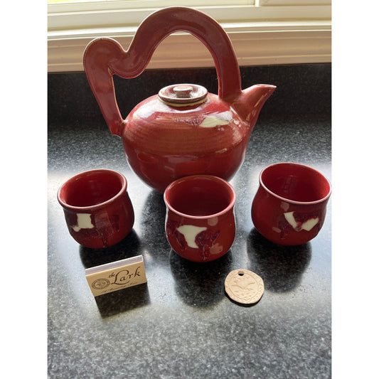 Vtg Handmade Art Fine Pottery Mary Lark Detroit Artist White Cloud Teapot & 3 Cups Red Glazed Signed By Artist