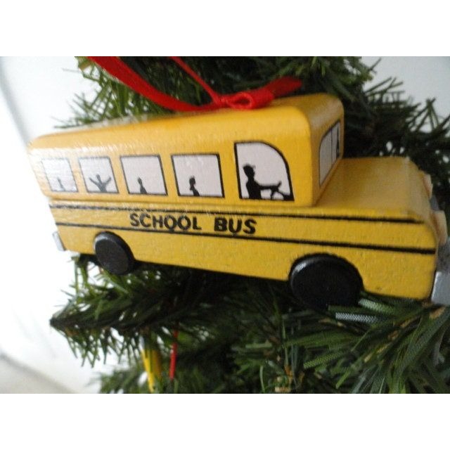 Vtg Wooden Christmas Ornaments Yellow School Bus & Teacher Red Stocking Math Ruler Pencil