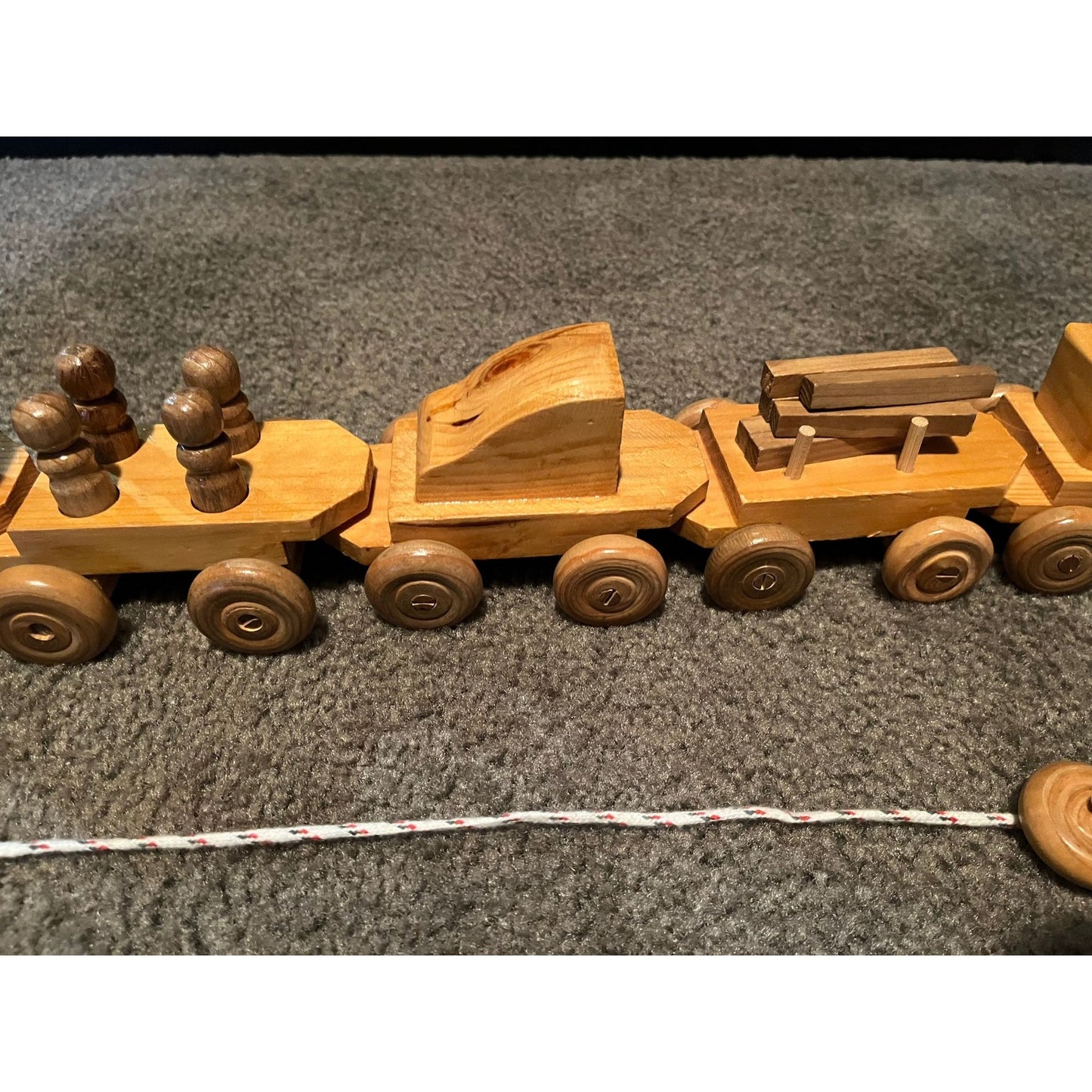 Vtg Pull Toy 6 Wooden Train Cars Engine Caboose Handmade In China Shellac Wood Original Label ART NO WTR