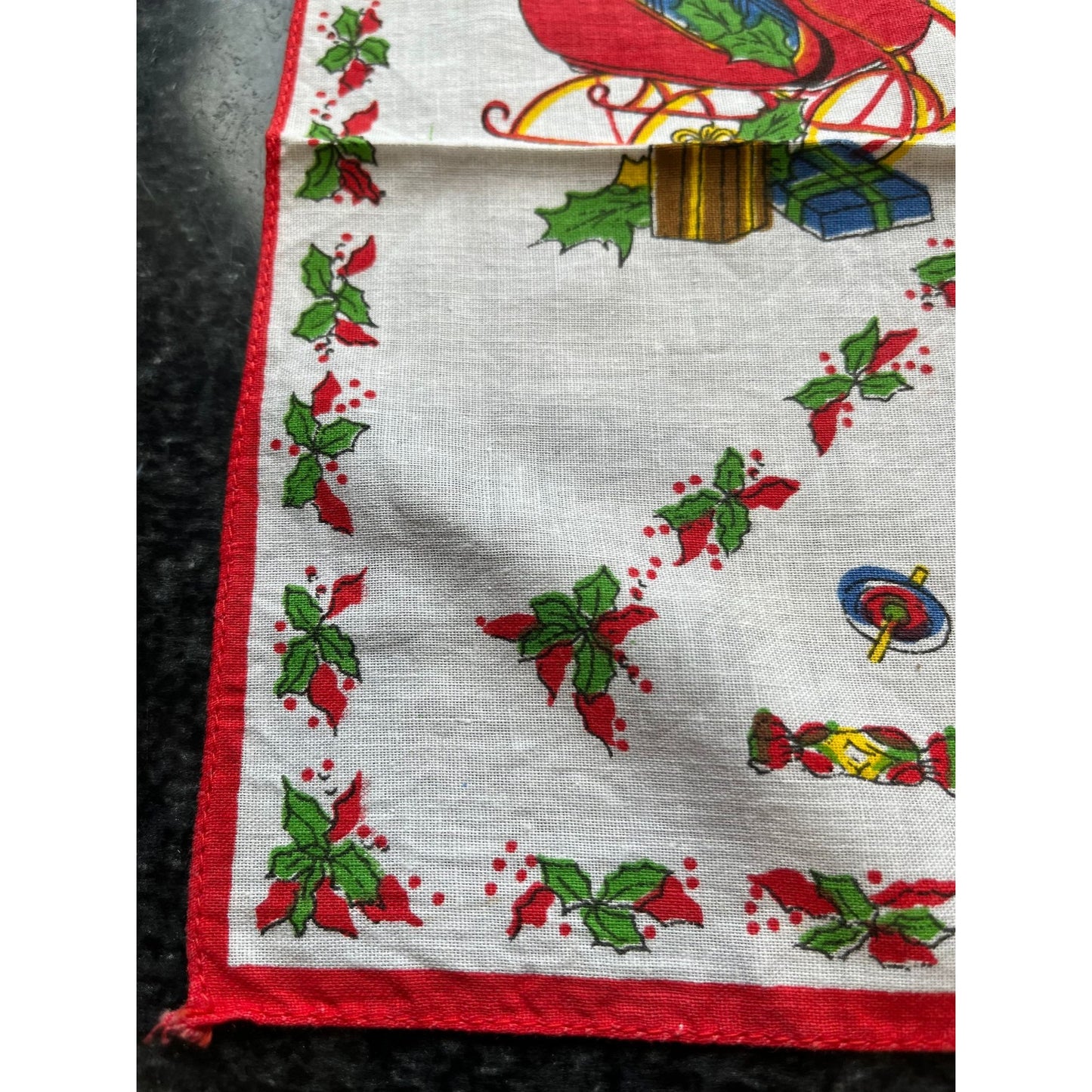 Vtg 1950's Christmas Black Santa "For You" Cotton Handkerchief Santa's Sled With Presents & Holly