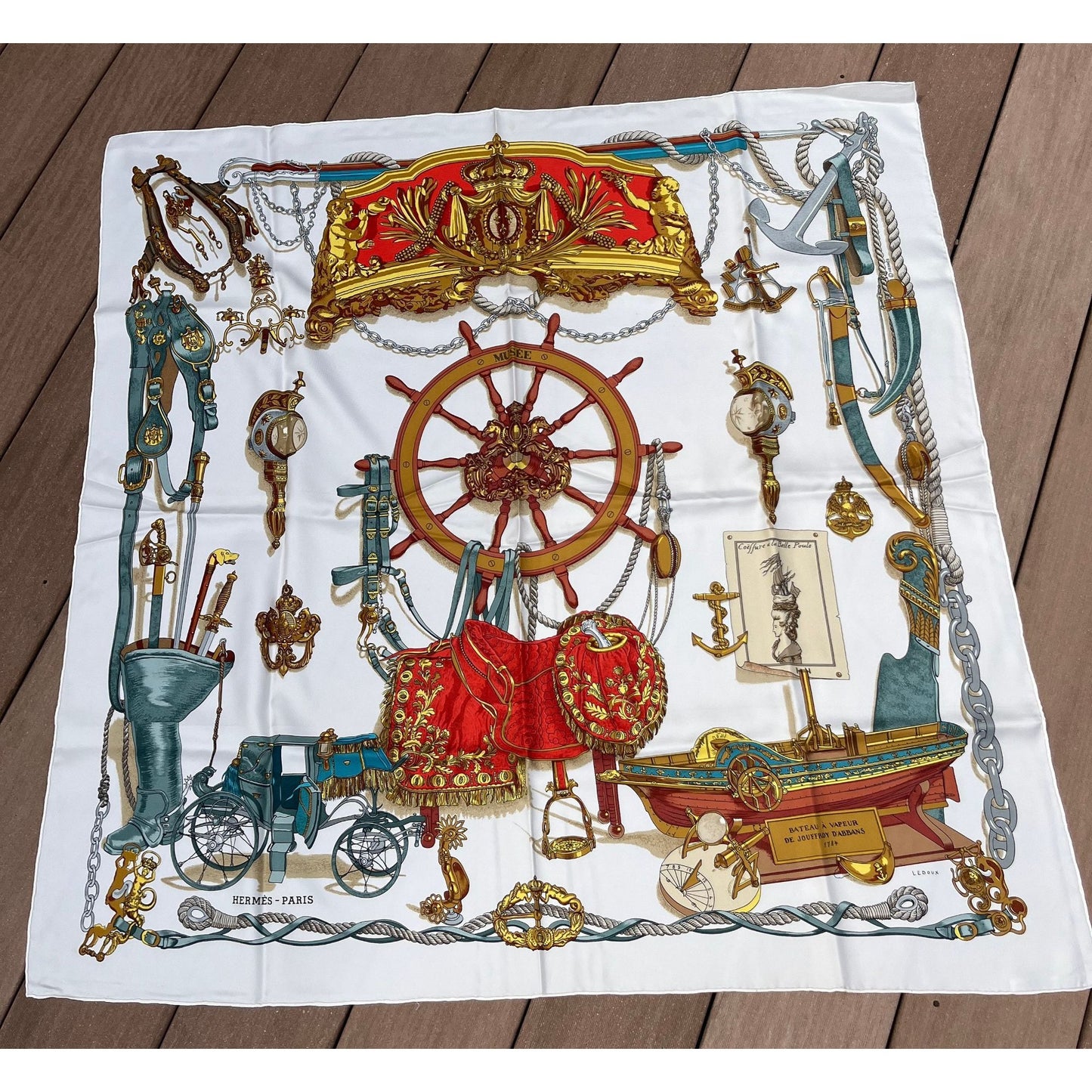 Vintage 1986 Hermes Paris Scarf, Musee Bateau a Vapeur de JOUFFROY D'ABBANS 1764, Signed LEDOUX