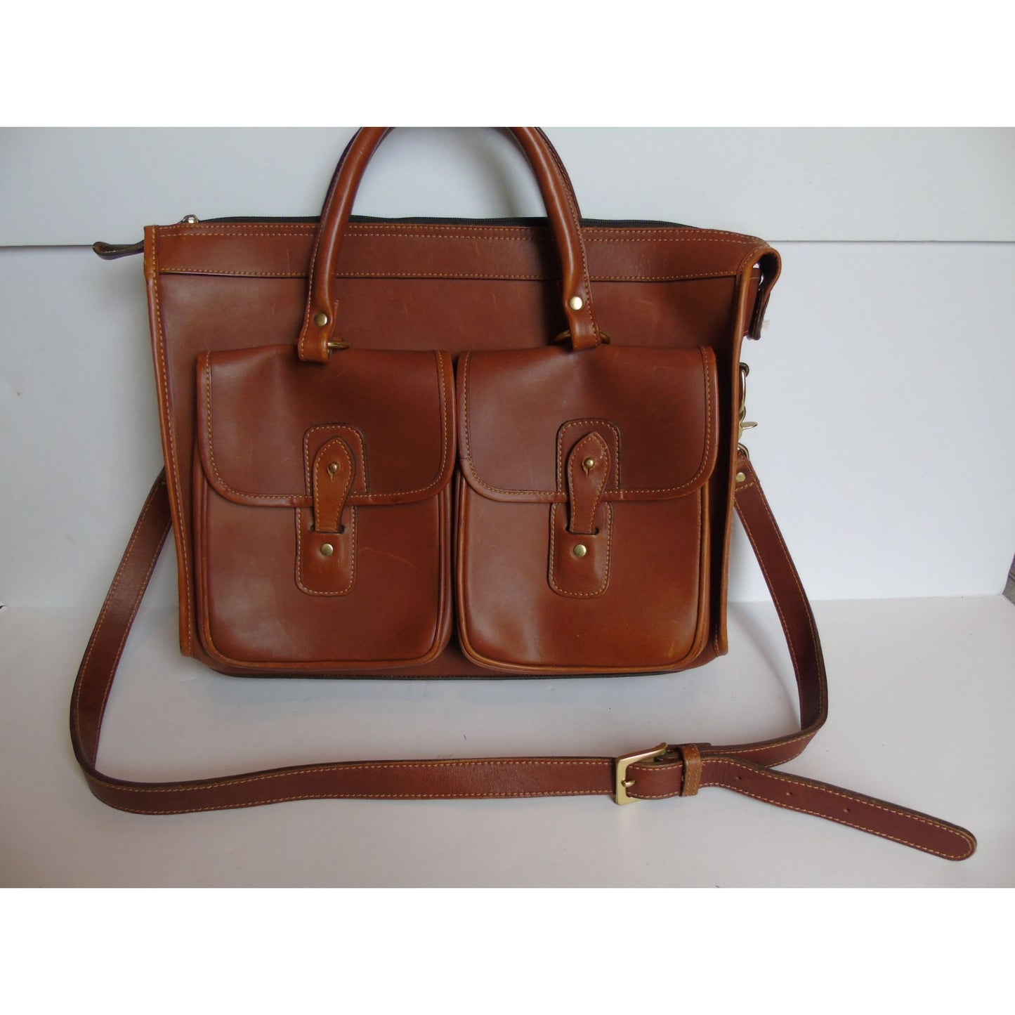 Vintage 1990's Leather Briefcase JEEP Adjustable Crossbody Strap Brown