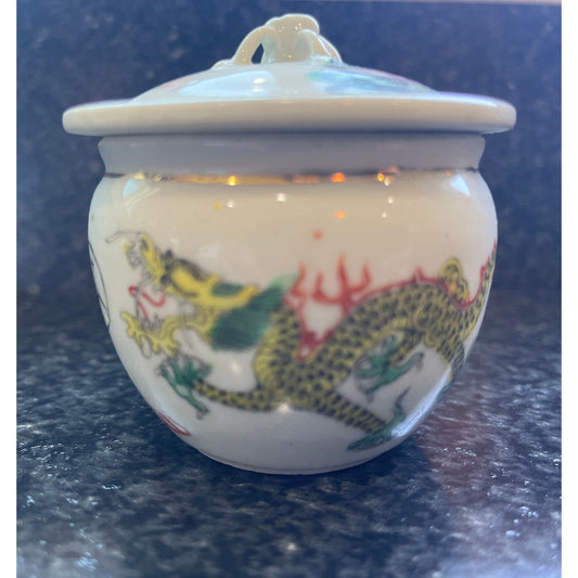 Antique ROC Chinese Hand Painted Tea Jar With Lid Greenish Dragons "Shanghai Xiaolong (Double Dragon) Teahouse"