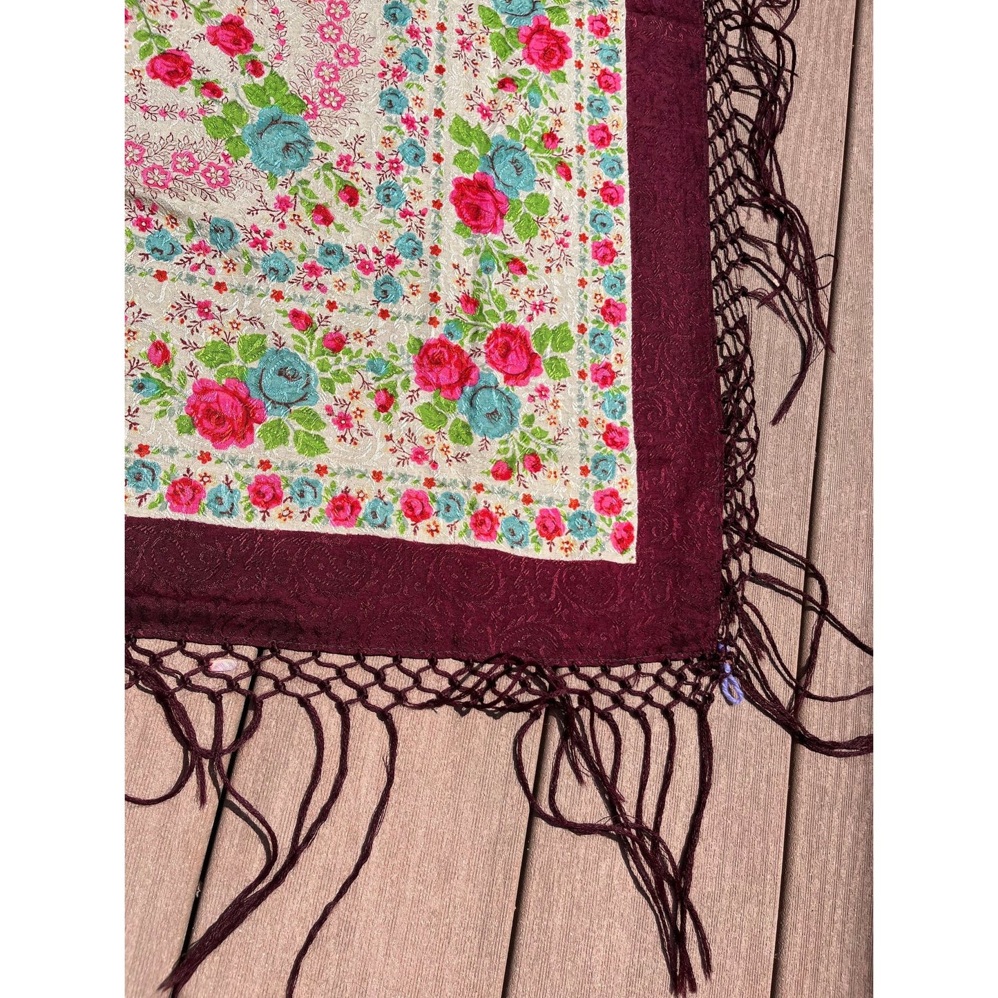 Antique 1909 Romanian Textile Art Wool Floral Shawl Hand Tied Fringe Floral Pattern Maroon Pink Blue 128" x 43"