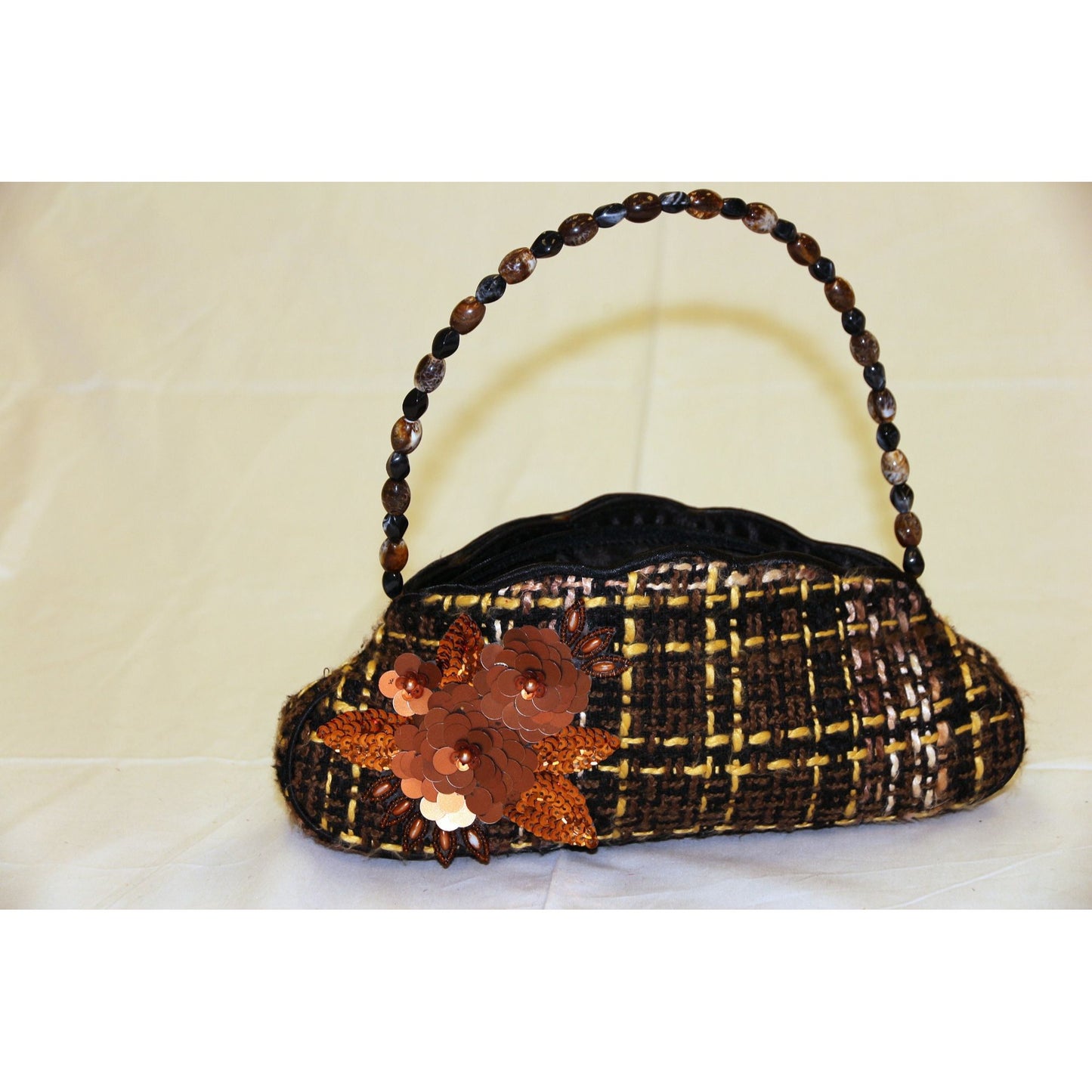 Vintage JESSICA McCLINTOCK Evening Purse Brown Beige Plaid Sequin Flowered Beaded Handle