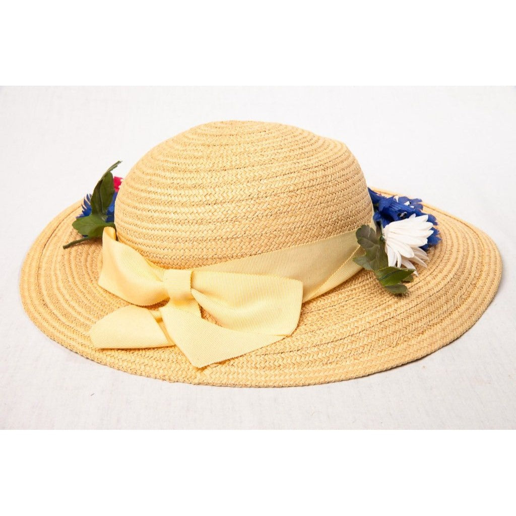 Vintage 1960's Women's Hat Styled By Cinderella New York Straw With Flowers & Yellow Bow Elastic Neck Band Excellent Conditon