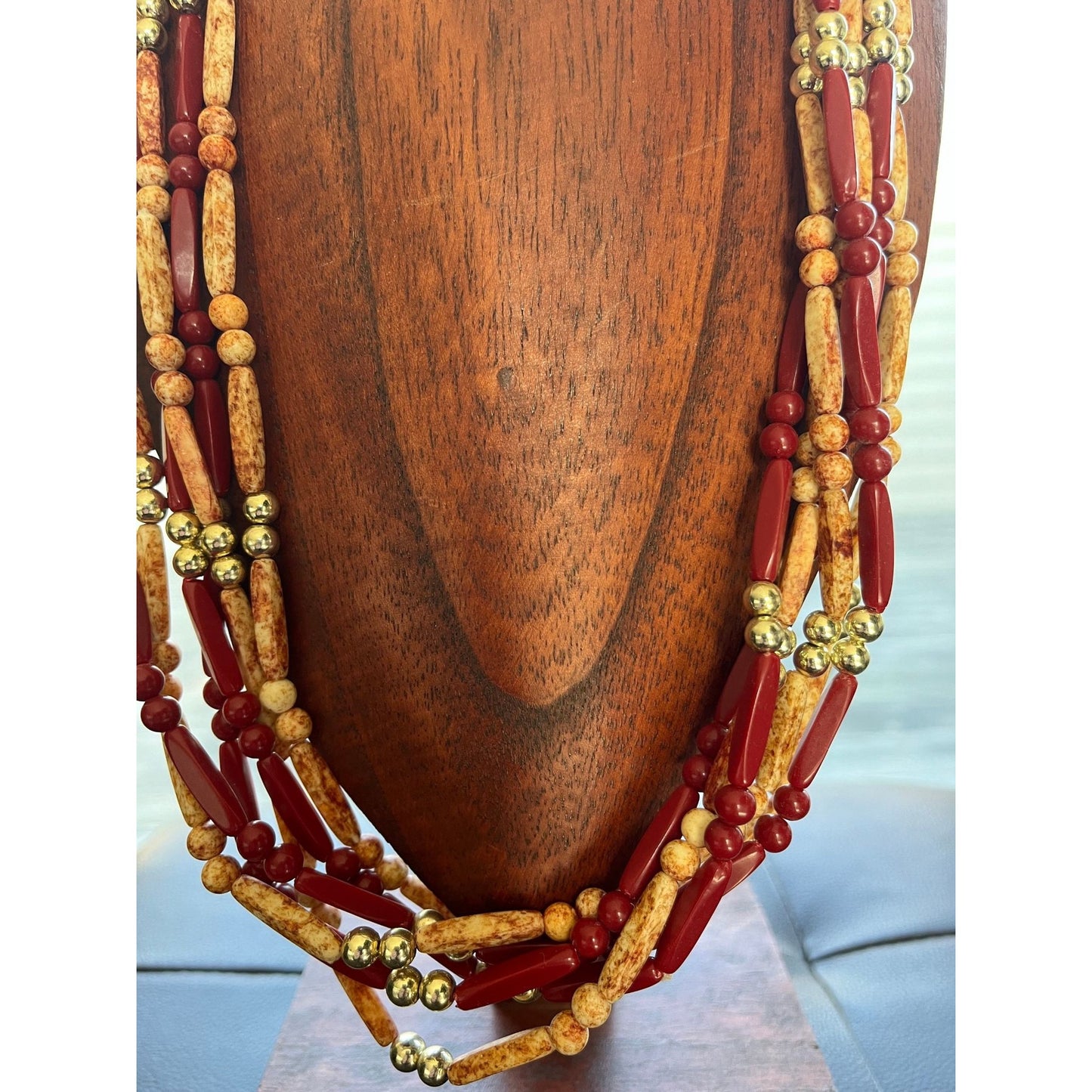 Vintage Guatemala Indigenous Trade Beads 6 Strand Necklace 29 1/2" Various Size Beads Red Gold Marbled