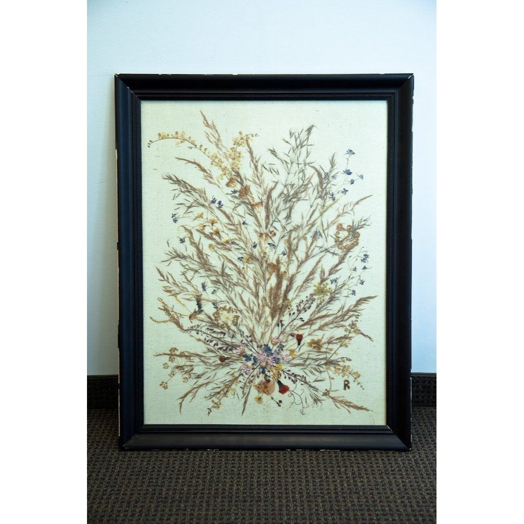 Vintage 1978 Handmade Dried Greek Flowers On Linen By Greek Artist RAZEBOS S. Grand Hotel Rhodes