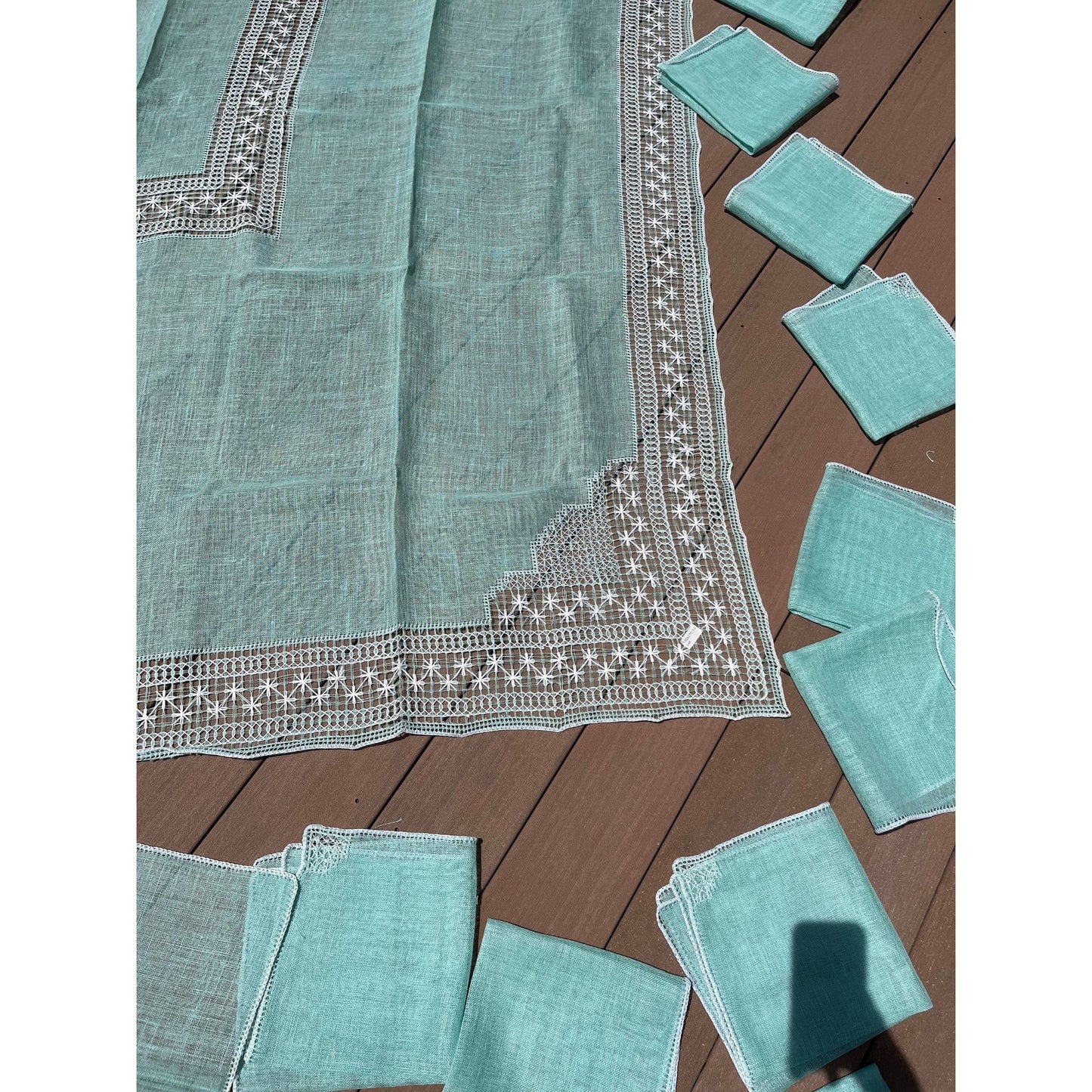 Vtg Linen Large Rectangle Assisi Italy Stitching Sea Foam Green Tablecloth 180" x 270" + 12 Napkins Handmade New