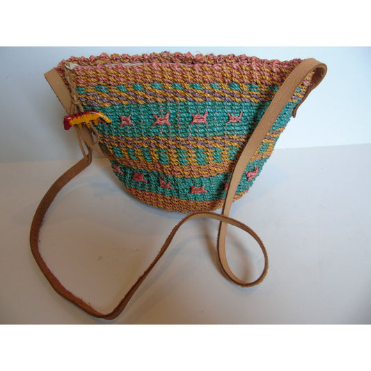 Vintage Hemp Bucket Crossbody Purse Multi Colored Leather Strap Animal Pull