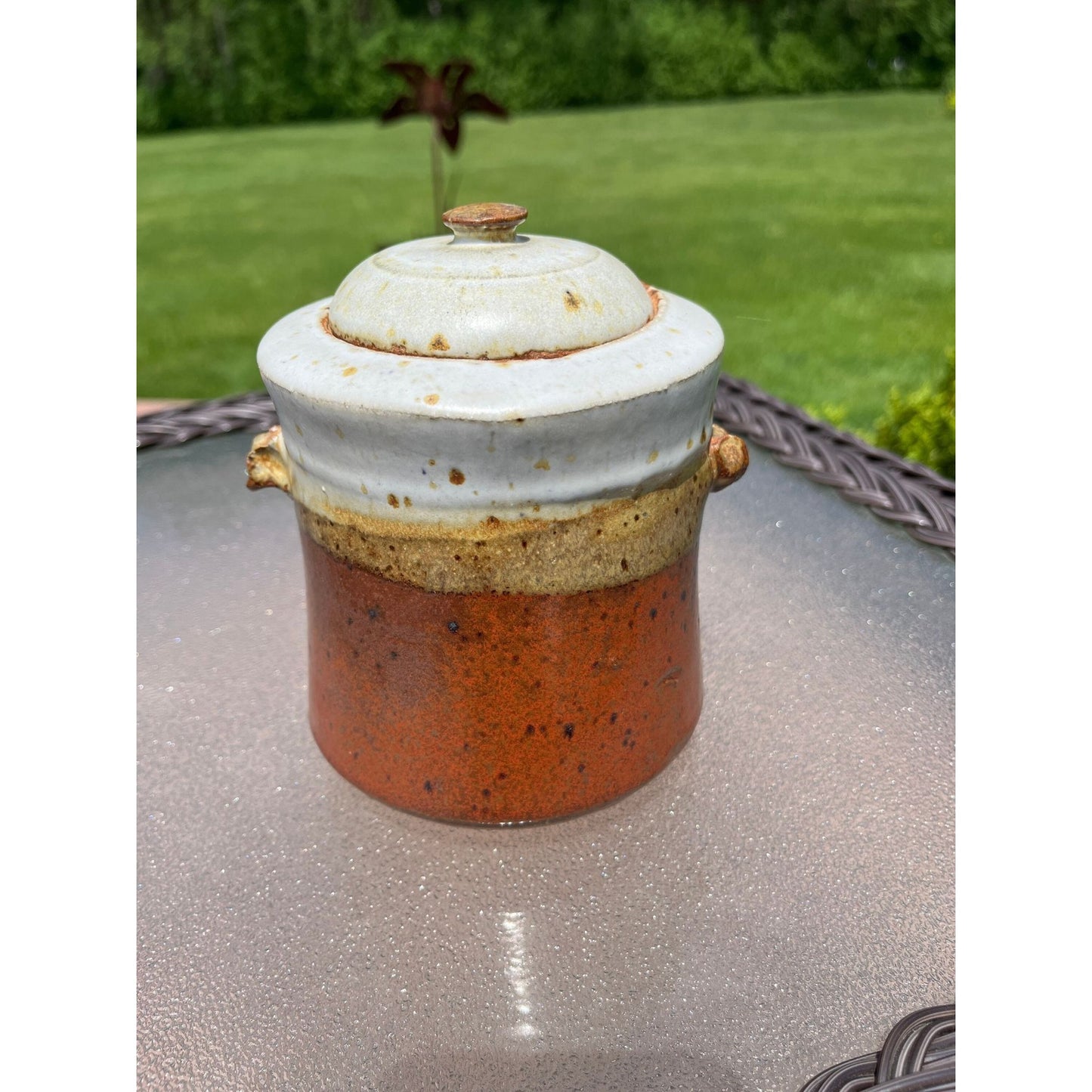 Vtg Handmade Studio Art Fine Pottery Vessel With Lid Glazed Brown Beige Unique Construction Signed 81