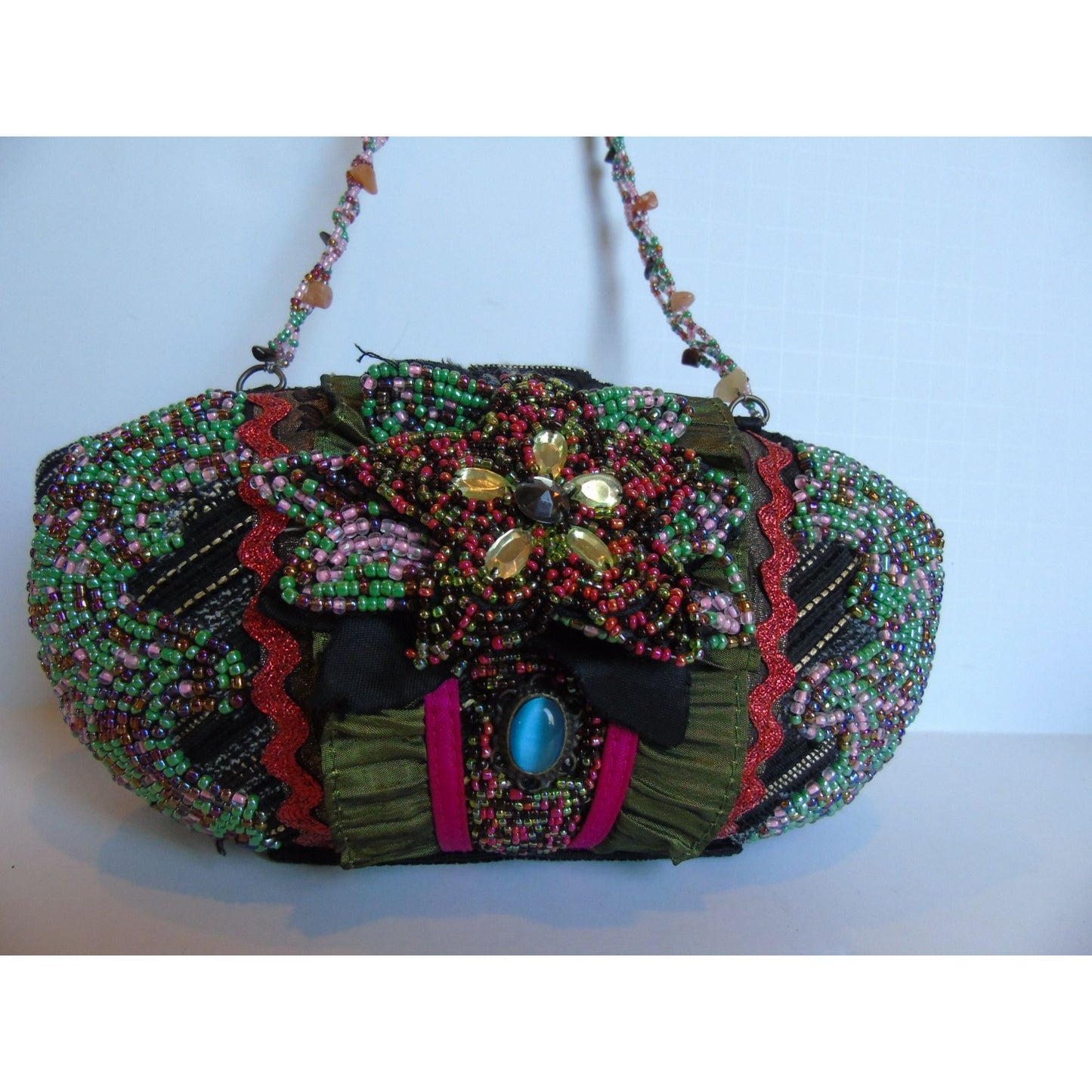 Pritzi Purse Bag Multi Colored Flower Hand Beaded Cloth Ruffled Blue Oval Stone NWOT