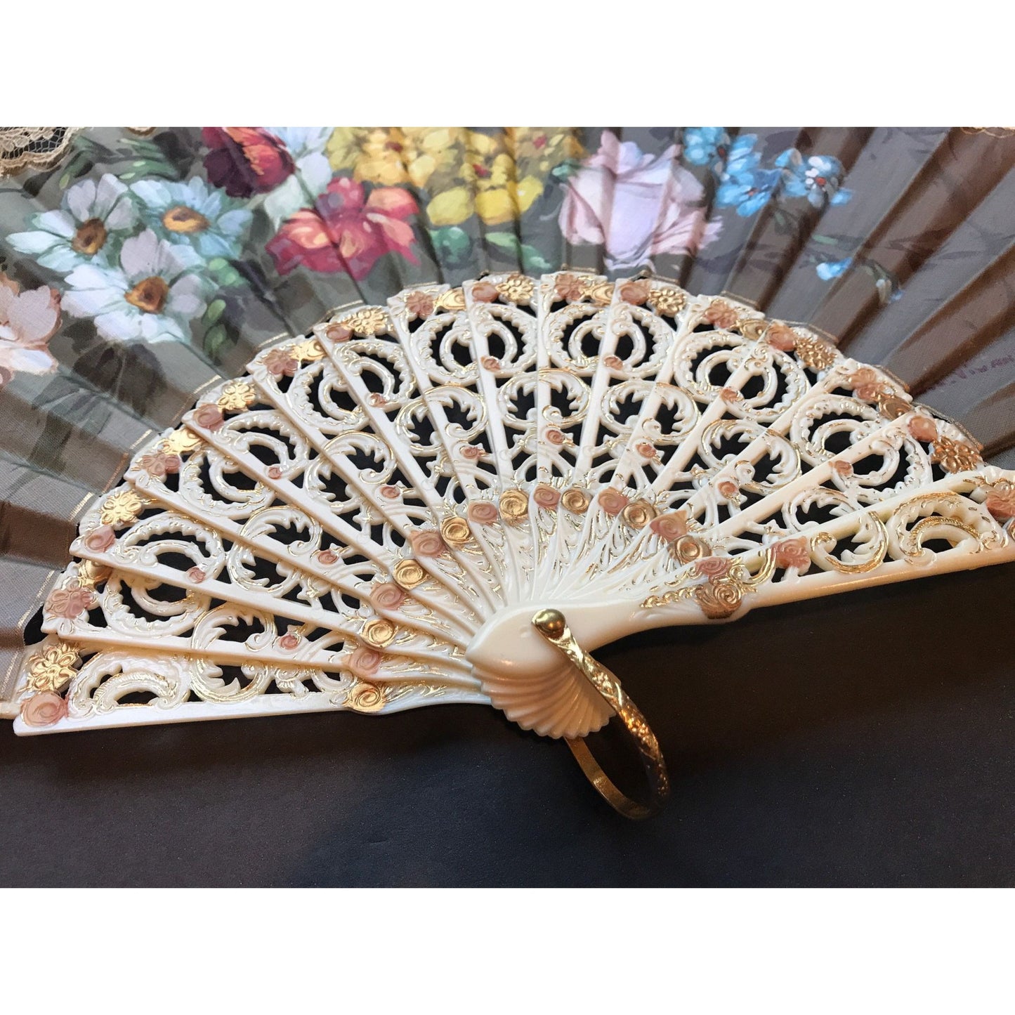 Vintage Large Hand Drawn Ecru Lace And Fabric Fan Made In Spain Signed By The Artist