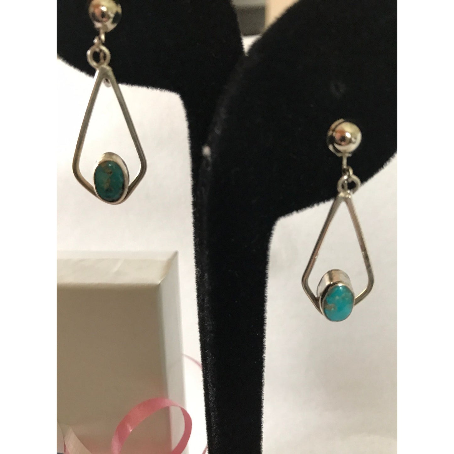 Vintage 1970's Dangle Drop With Bezel Turquoise Earrings Sterling Silver Non Pierced Clip On