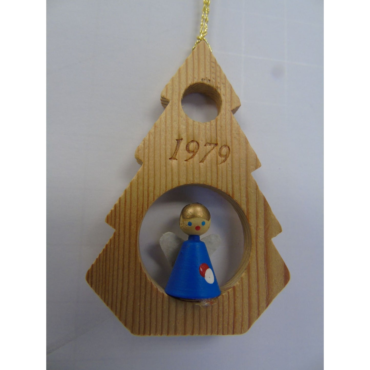 Vintage 1979 Handmade Christmas Tree And Angel Ornament Wooden Cut Out Hand Painted