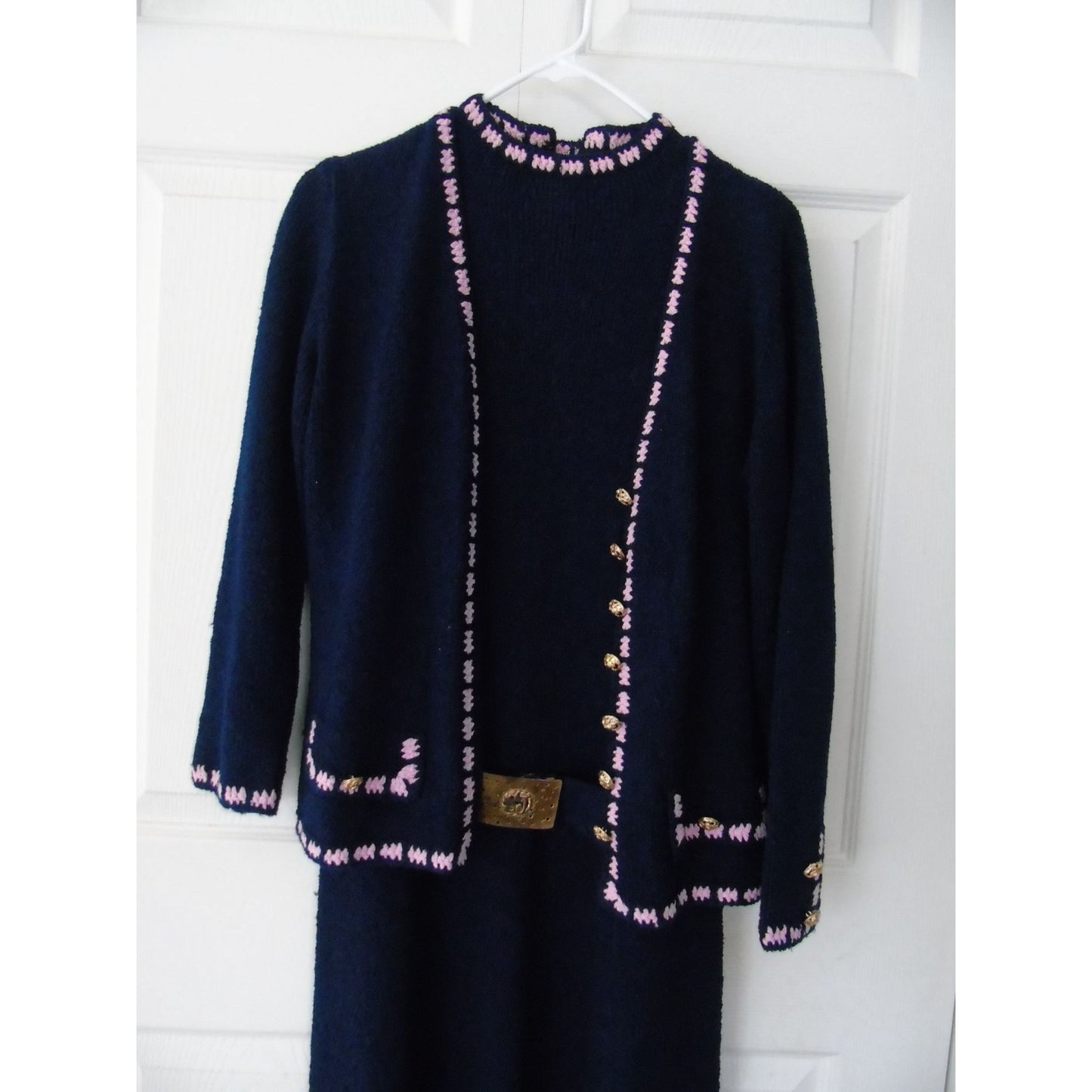 Vintage 1970's Maxi Suit St. John Knits Saks Fifth Avenue Navy & Pink 3 Piece Size Medium