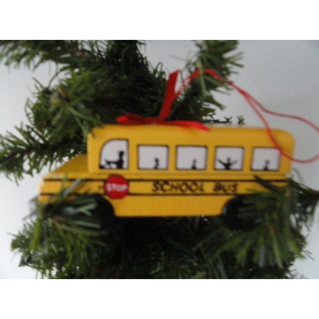 Vtg Wooden Christmas Ornaments Yellow School Bus & Teacher Red Stocking Math Ruler Pencil