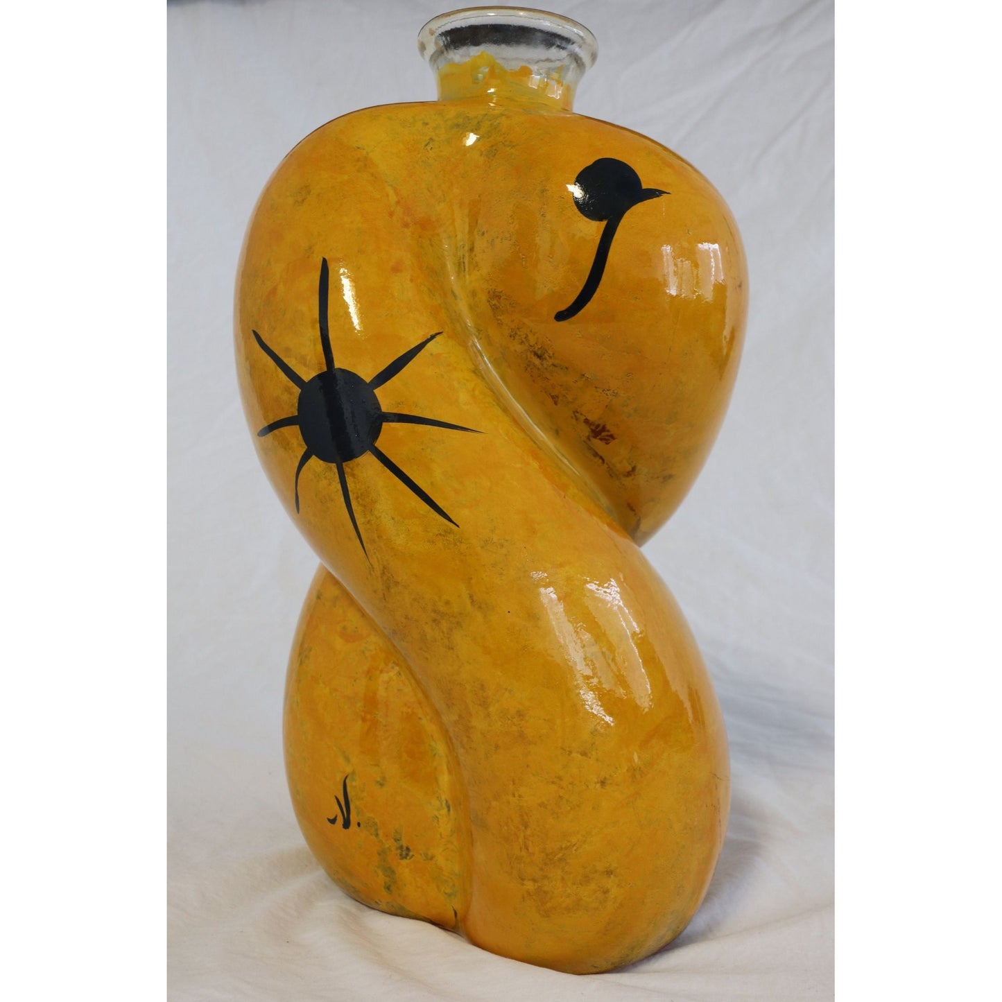 Vtg 1990's Large Hand Painted From The Inside Yellow Bulbous Vase Abstract Design Studio Art Glass