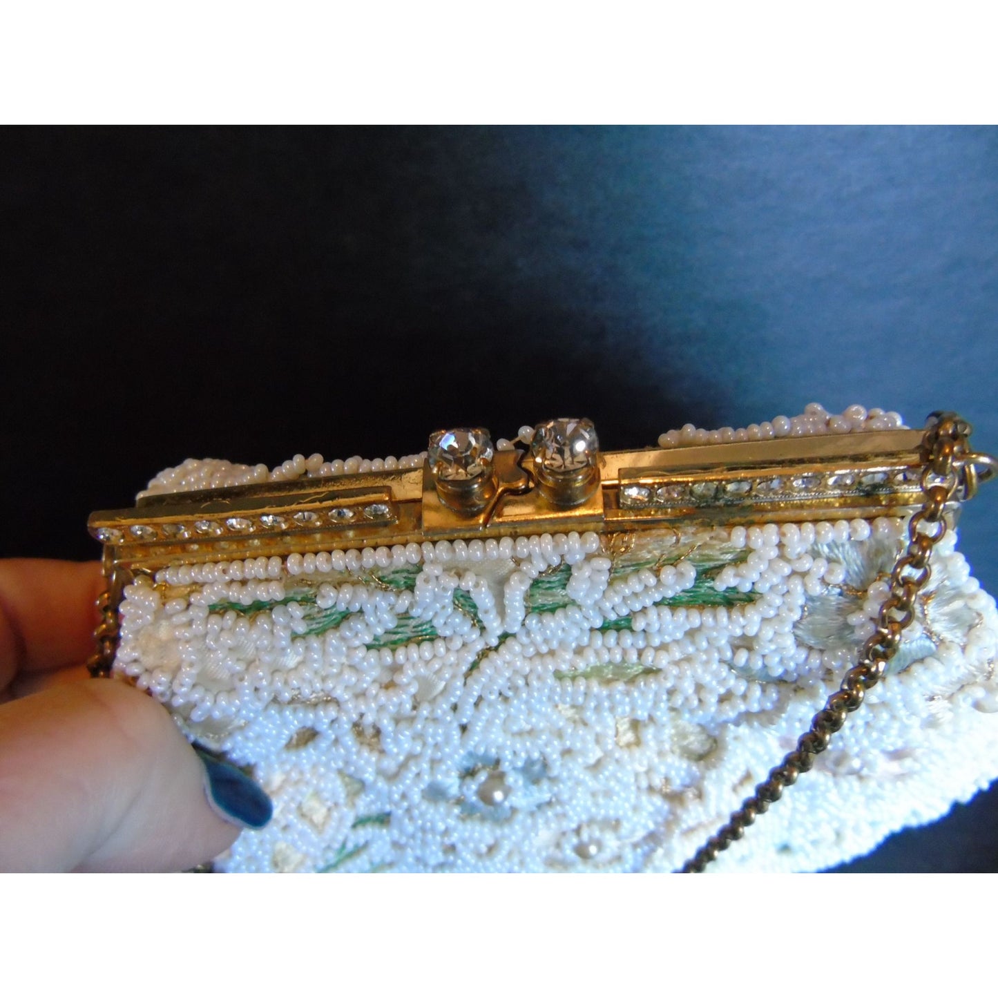 Vintage 1950's Jolles Original Embroidered Purse Beaded Evening Bag Mirror