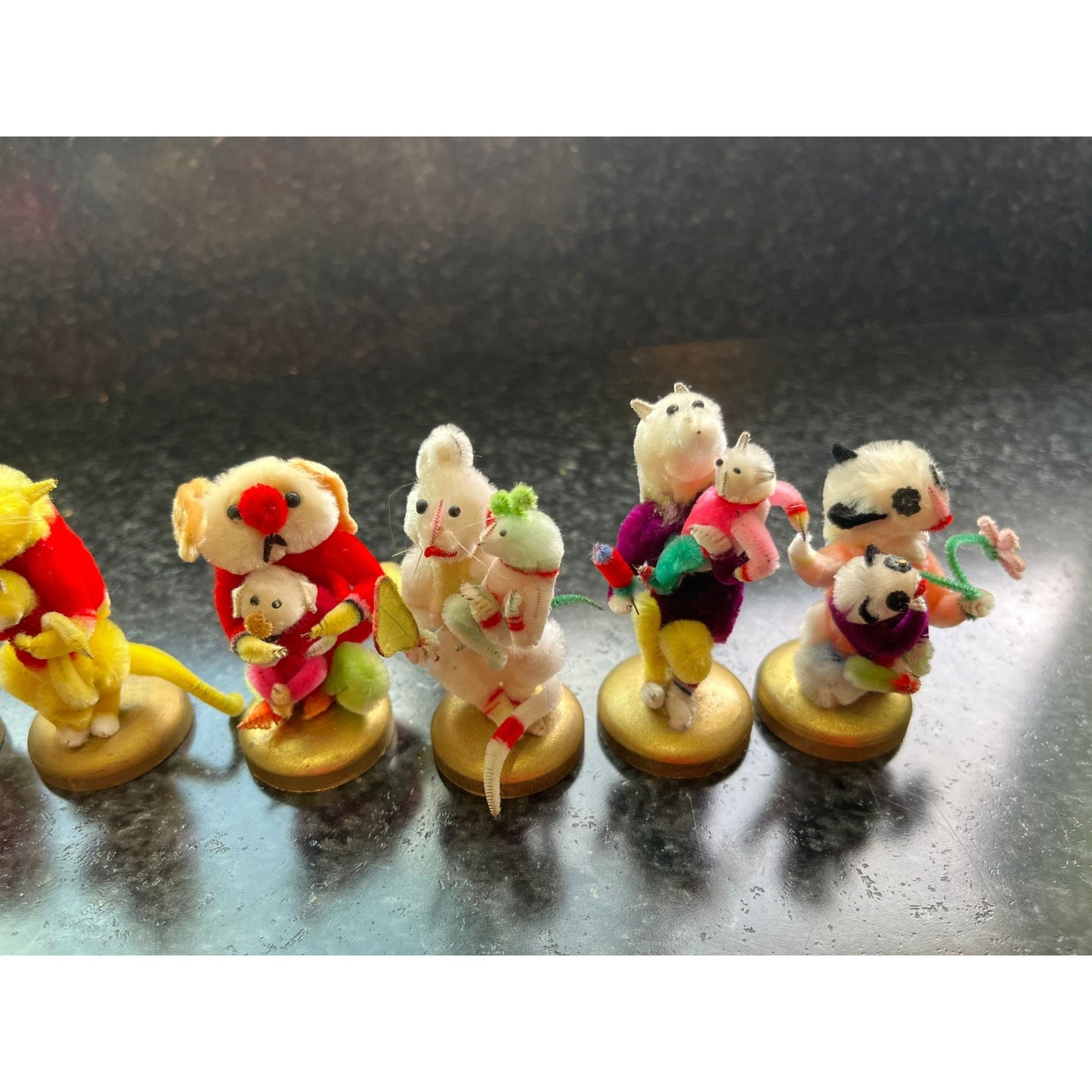 Vtg Set Of 12 Handmade Chenille Animals Mother & Child 2" Figurines Amazing Details One Of A Kind