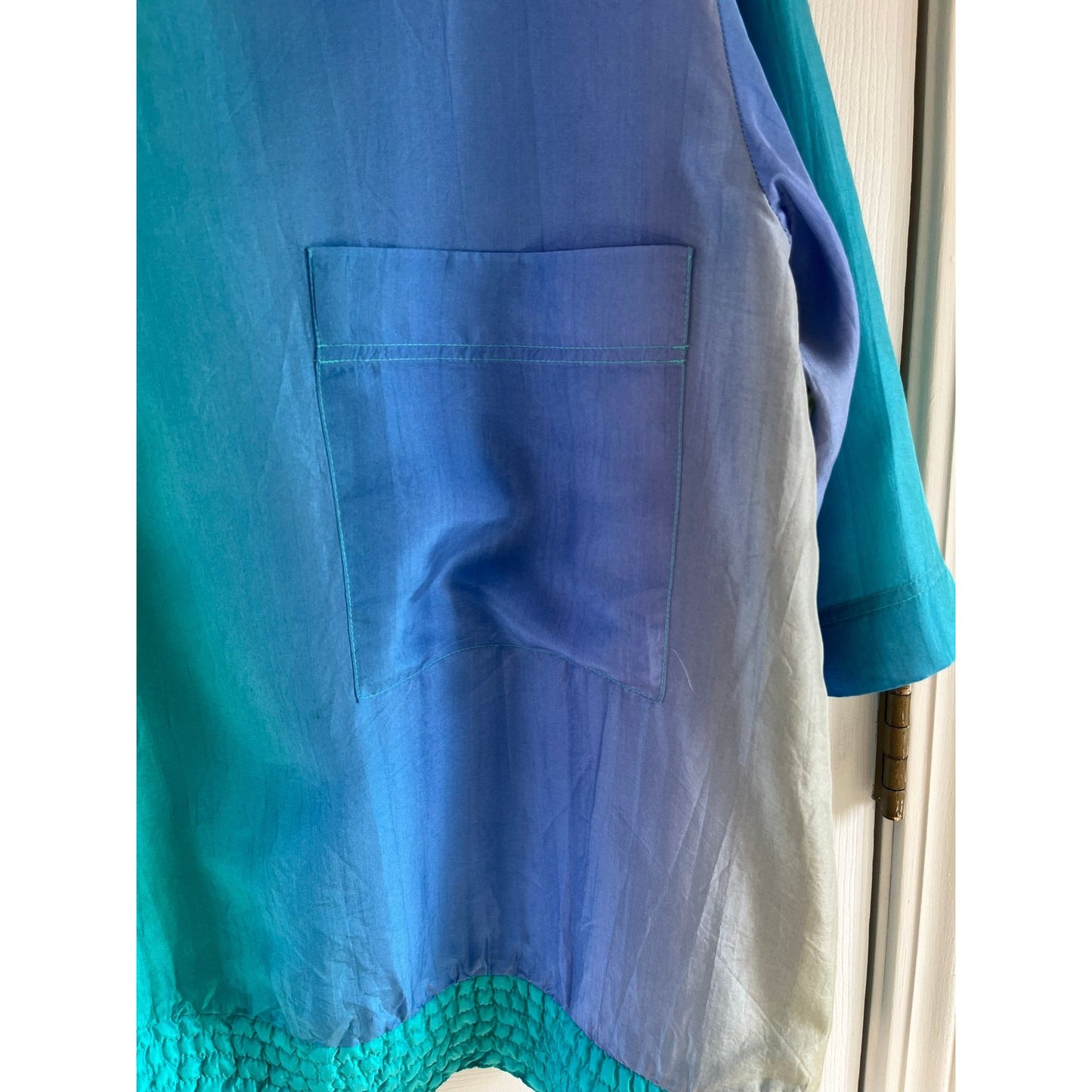 Vtg 1980's Stewart Sport By eStewart Blouse Top Saks Fifth Avenue Washable Silk Multi Color Blue Green M Wide Waist Band