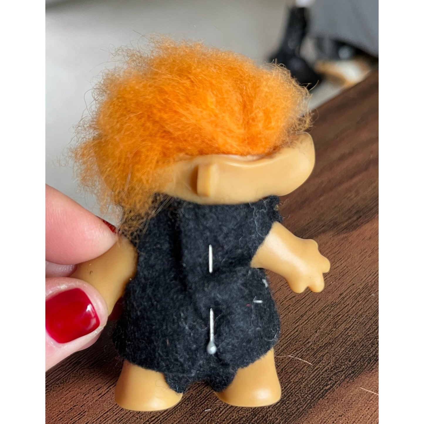 Vtg 1960's Rootie Tab Neck 3” Troll Doll with Short Orange Hair and Bulgy Orange Eyes Handmade Groom Of The Wedding