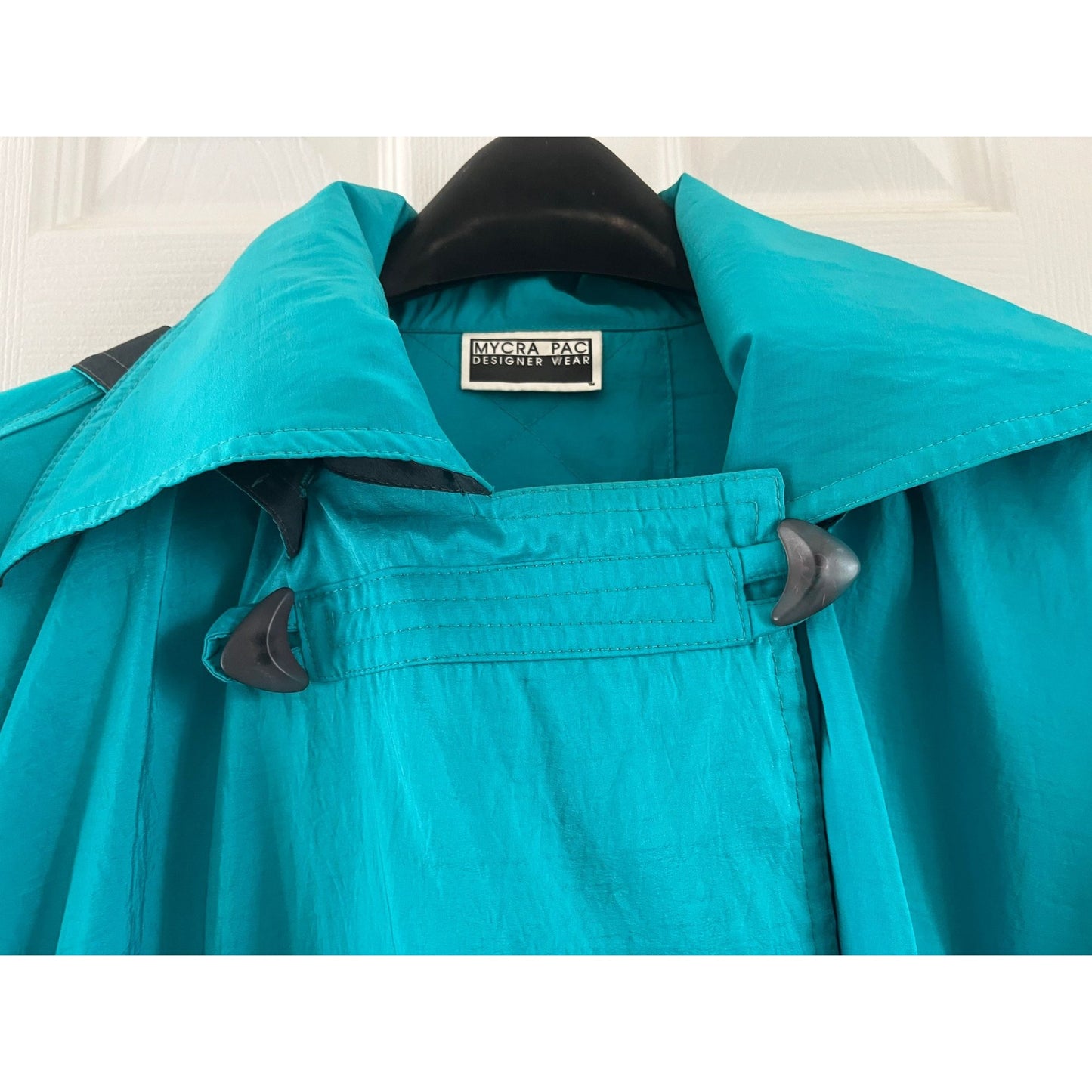 Vtg MYCRA PAC Designer Wear Raincoat Coat Hooded Turquoise & Black Teflon Fabric Protector San Francisco Size 7