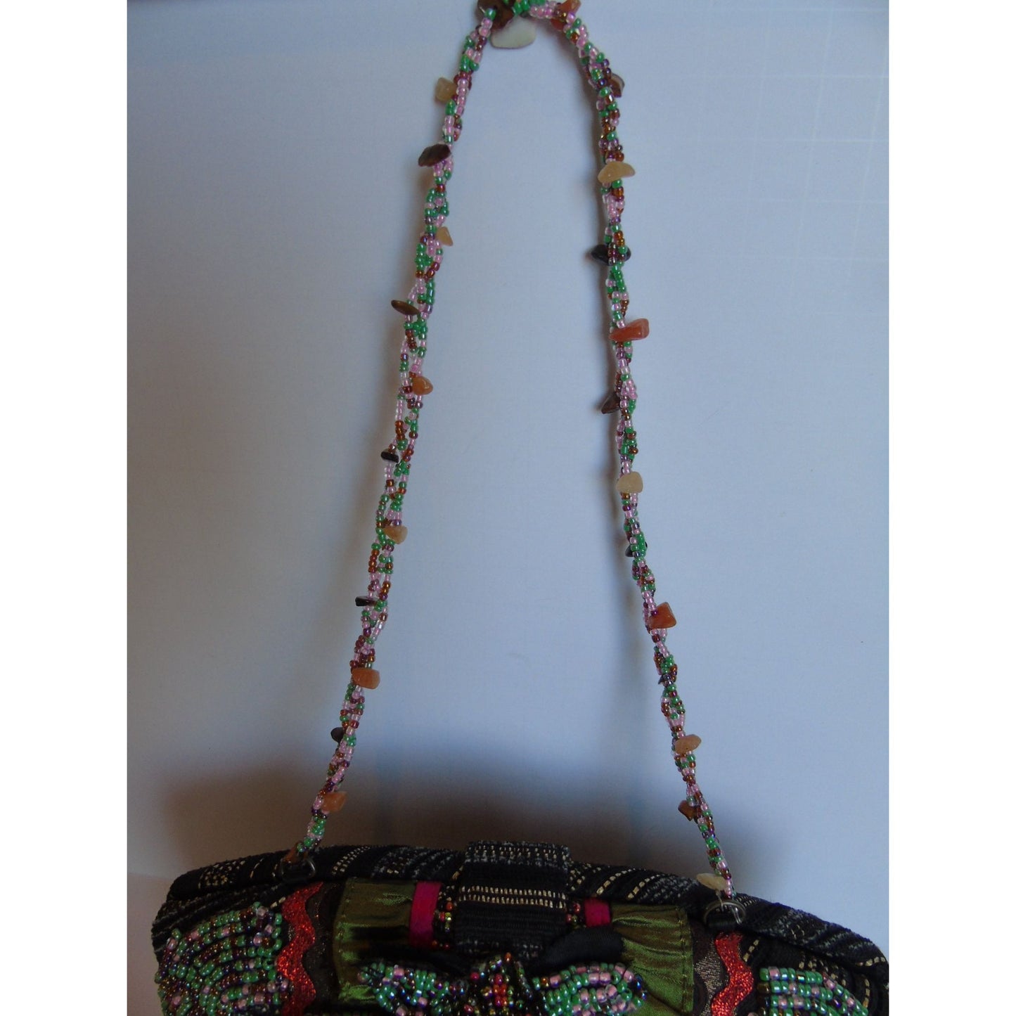 Pritzi Purse Bag Multi Colored Flower Hand Beaded Cloth Ruffled Blue Oval Stone NWOT