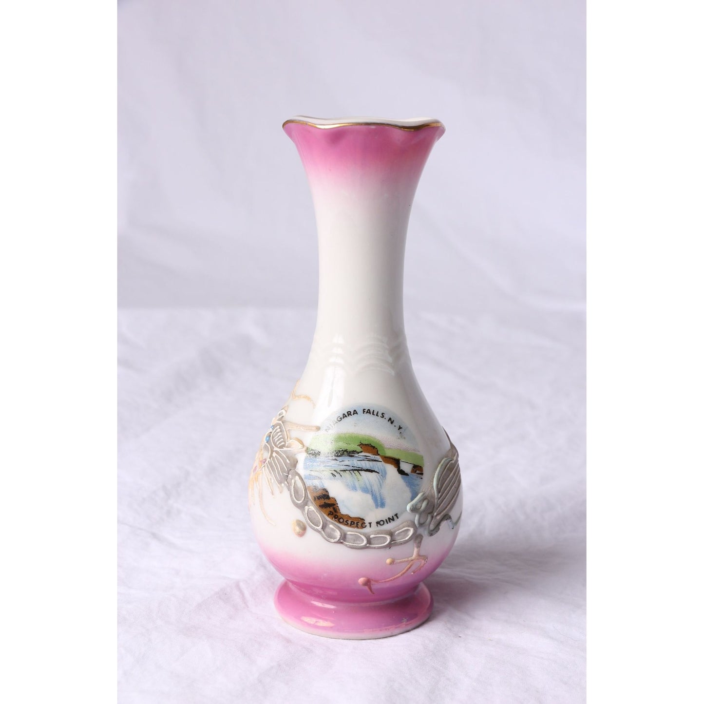 Vintage Niagara Falls, N. Y. Prospect Point Souvenir Vase Pink & Gray Dragonware Made In Japan