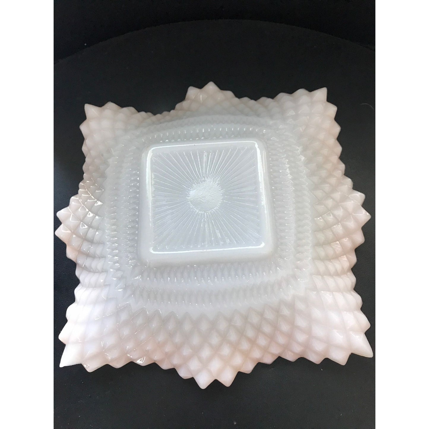 Vintage Milk Glass Hobnail Diamond Shape Candy Trinket Dish Pearl Essence White & Orange