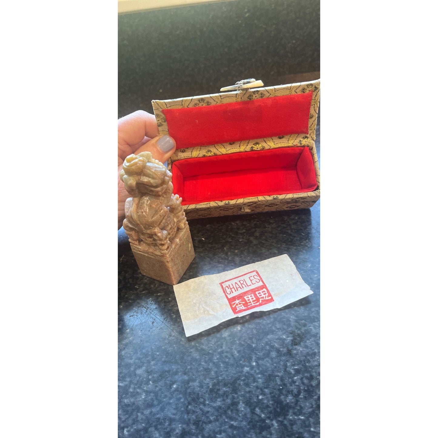 Vintage Chinese Foo Dog Seal Chop Stamp "CHARLES" Square Hand Carved Rose Gray Marbled Soapstone Sculpture In Original Box