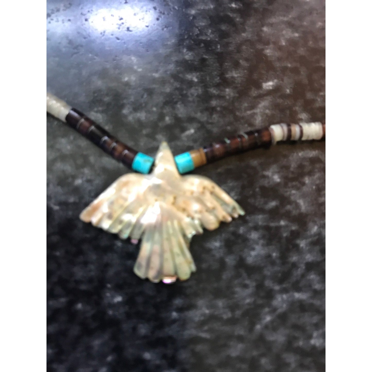 Vtg Zuni Necklace Native American Hand Carved Mother Of Pearl 3 Thunderbird Heishi Turquoise Beads