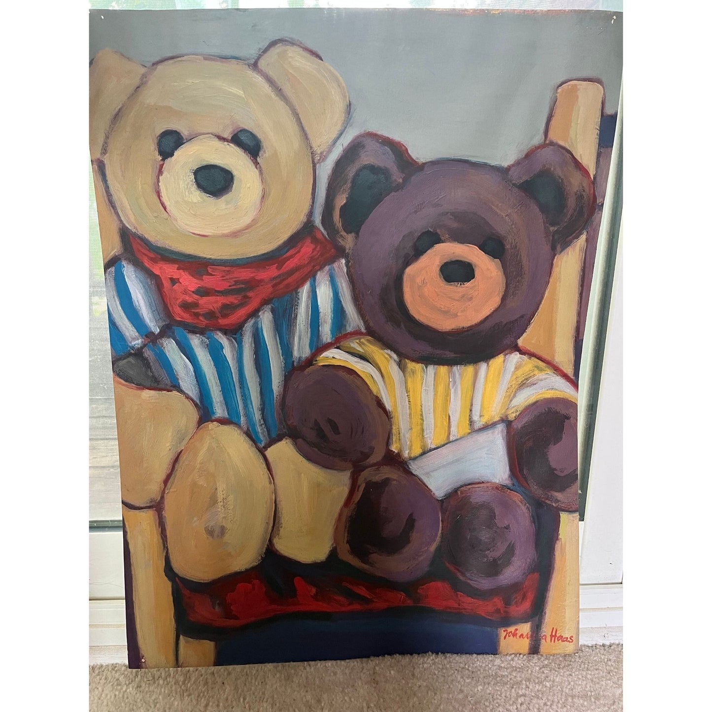 1986 Johanna Haas Oil Painting, "Two Teddy Bears Share A Chair", Signed Fine Art 24" x 18" One Of A Kind Gray Background