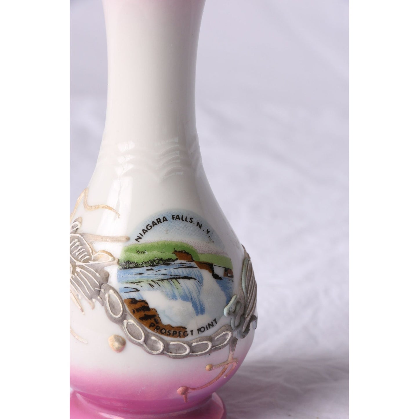 Vintage Niagara Falls, N. Y. Prospect Point Souvenir Vase Pink & Gray Dragonware Made In Japan