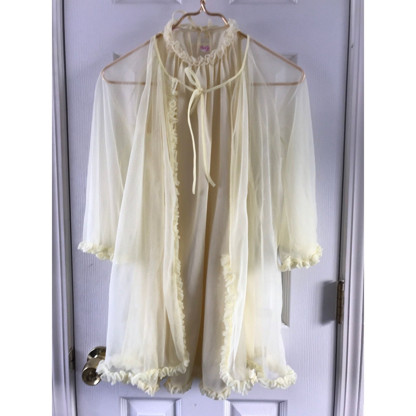 Vintage 1960's Cherri Lynn 2 Piece Lingerie Set Yellow Robe & Gown XS With Ruffles Halter Top