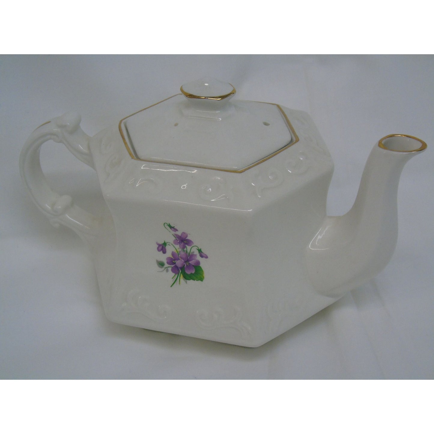 Vintage Ellgreave Genuine Ironstone Floral Teapot made in England Purple Flowers Hexagon Gold Accents