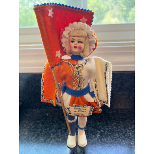 Vtg 1965 Siena Contrada Del Leocorno Doll Made In Italy Eros Florence 8 1/2" Carrying Flag On Wooden Pole