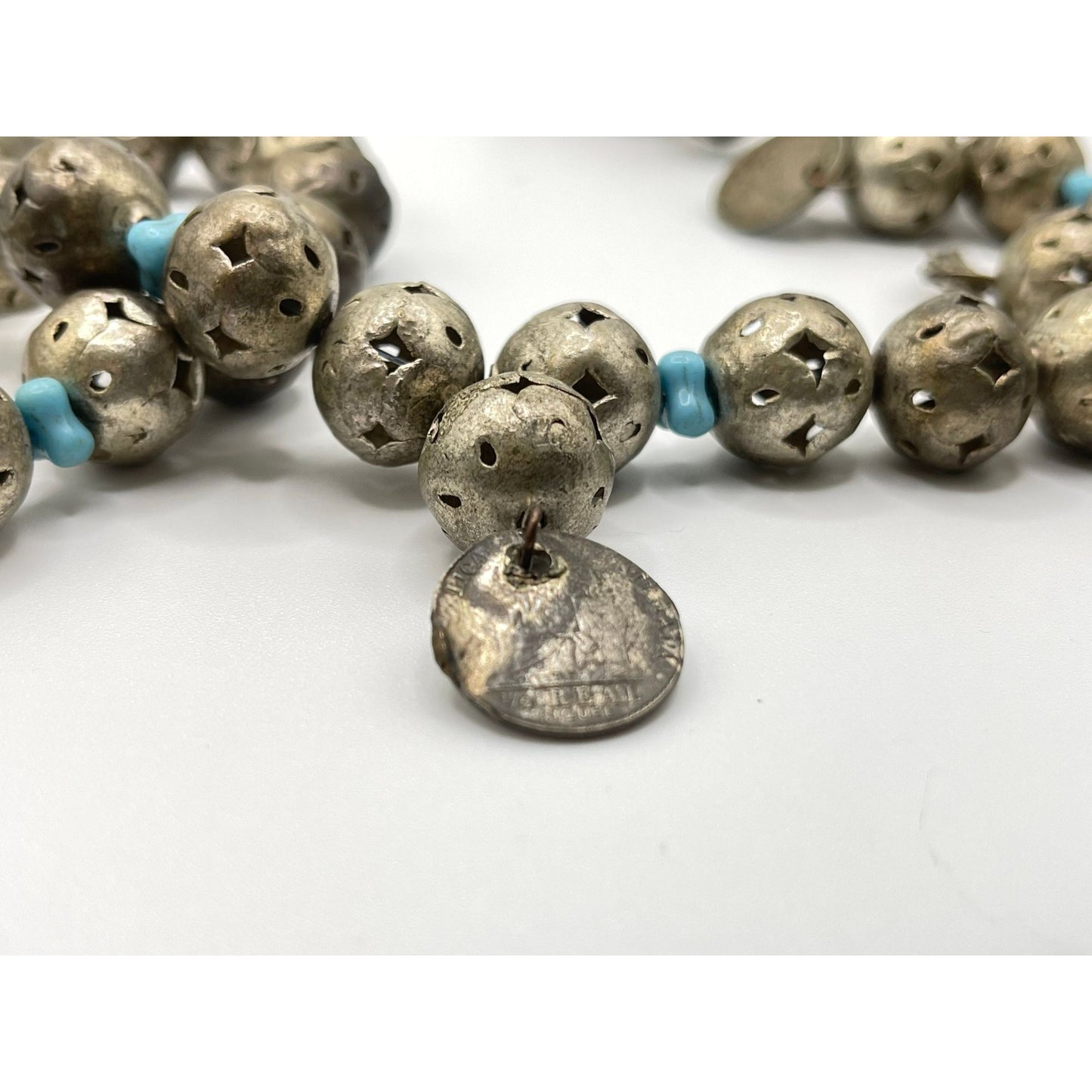 Vtg Colonial Chachal Pierced Silver Beads Coins Necklace Blue Glass Beads Made In Guatemala Ethnic Jewelry