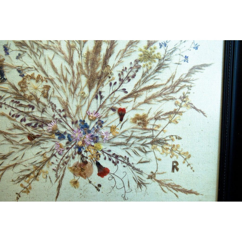 Vintage 1978 Handmade Dried Greek Flowers On Linen By Greek Artist RAZEBOS S. Grand Hotel Rhodes