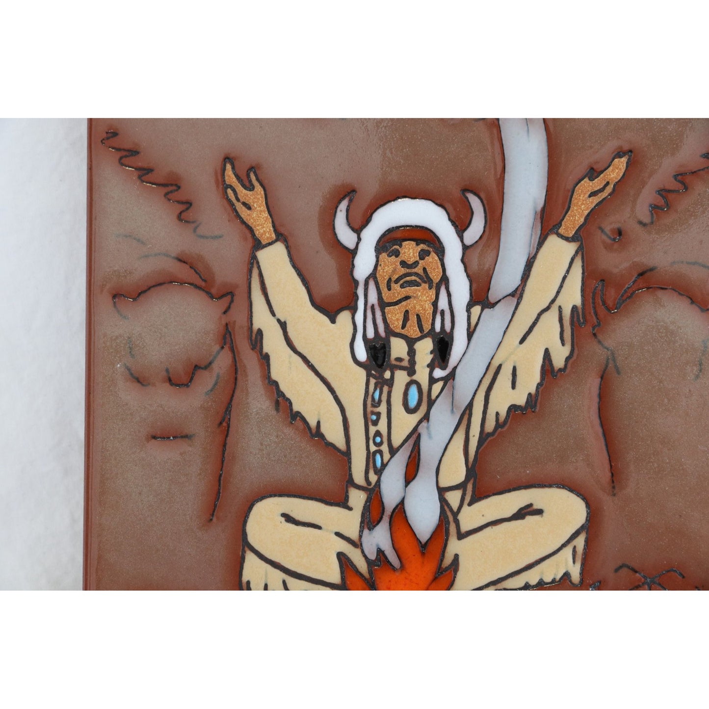 Vintage 1984 Leone Kuhne Earthtones Tile Navajo Indian Shaman And Fire Hand Painted & Signed New 6"