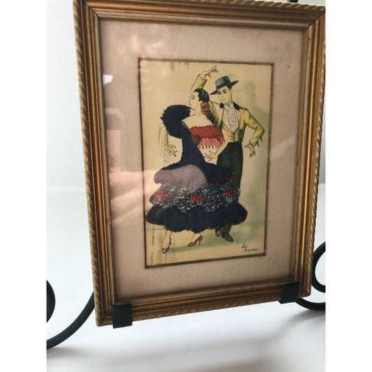 Vtg Spanish Elsi Gumier Silk Embroidered Postcard Flamingo Dancers 1950s Gold Wood Frame Glass