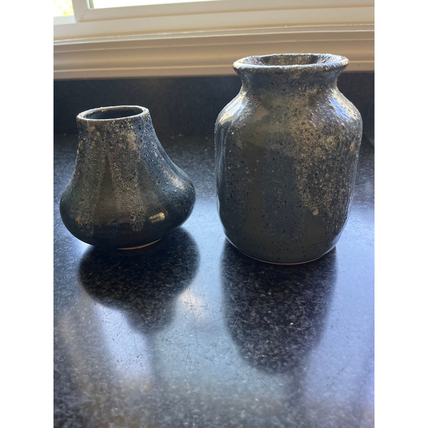 Vtg Pair Of Soda fired Hand Thrown Ceramic Pottery Vase In Tones Of  Blue & Hint Of White Signed By Artist