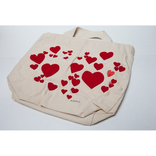 Vtg 1970's Detroit Artist Mary Ewald Handmade Felt Heart Canvas Tote Bag Signed By The Artist Double Hearts