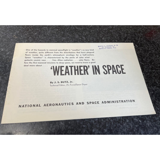 Vintage NASA 'Weather In Space' By J. S. Butz, Jr. Booklet U.S. Government 1963 0-706-085